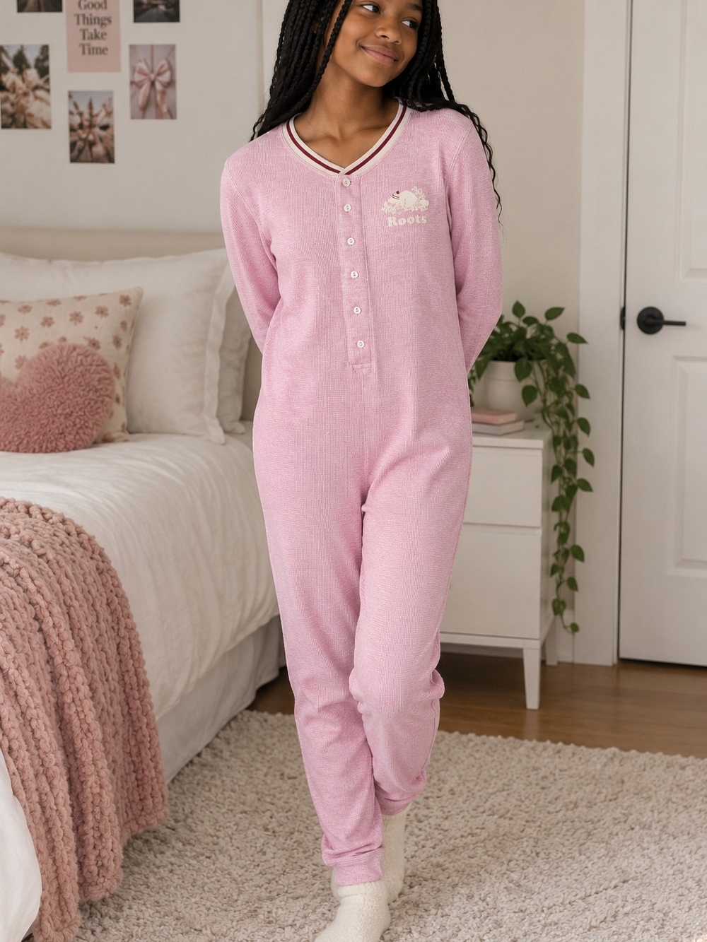 Roots Kids Pink Waffle Thermal Union Suit One Piece Pajamas XL 13-14Y Canada